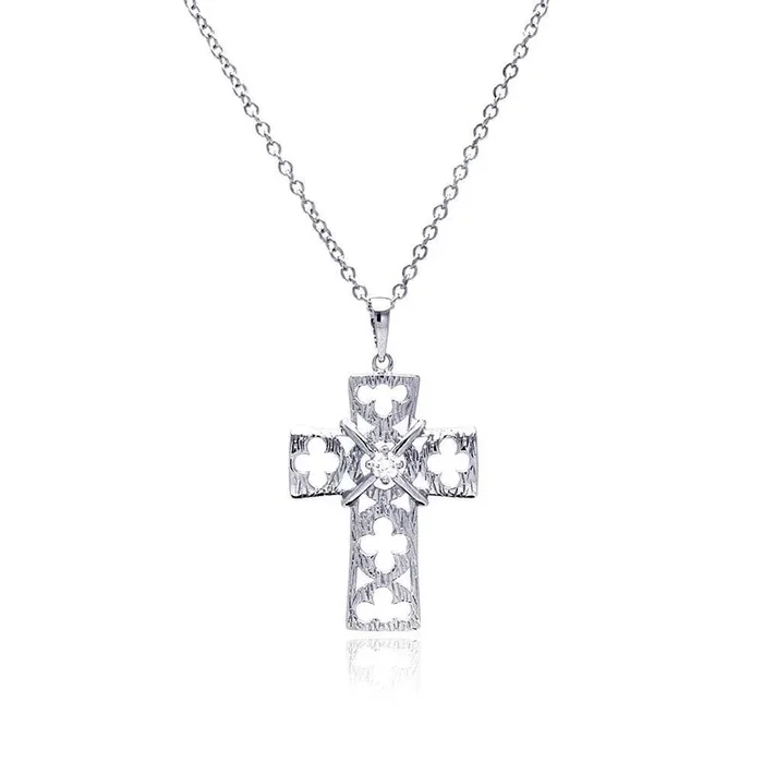 Collar de plata 925 rodiada con cruz de trébol abierta y circonitas – BGP00429