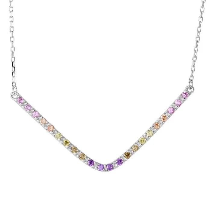 Collar de plata de ley 925 rodiada con circonitas multicolores arcoíris en forma de V – BGP01194