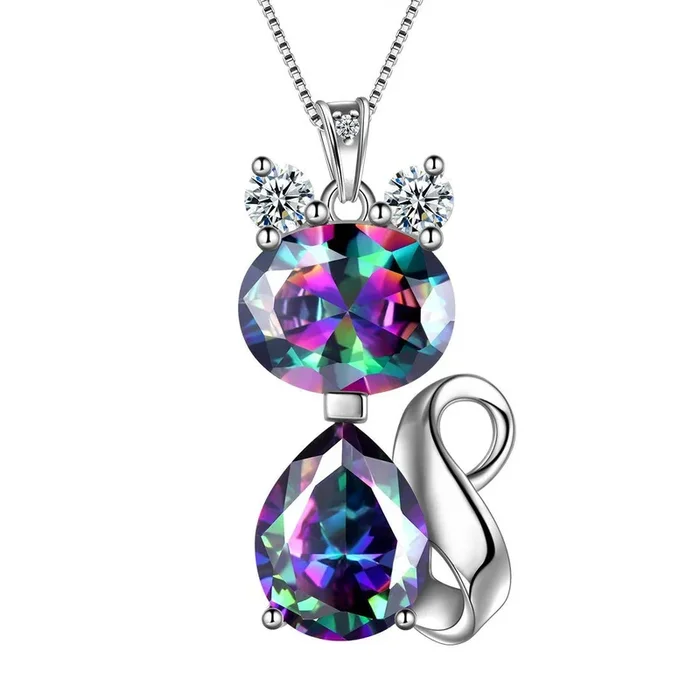Collar de topacio místico con diseño de gato y arco iris, joyería para mujeres y niñas, regalo de cumpleaños, plata de ley