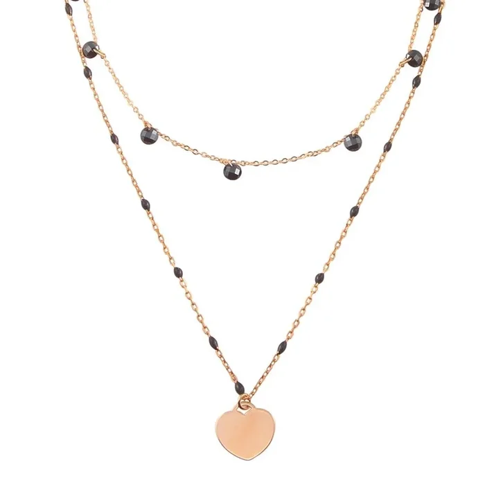 Collar multicadena de plata de ley 925 bañada en oro rosa con cuentas de circonitas negras y corazón esmaltado – ECN00063RGP