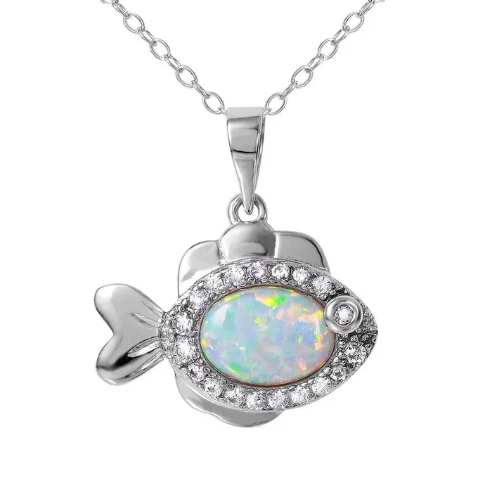 Collar Pez Plata 925 Rodiada con CZ y Ópalo Sintético – BGP01078