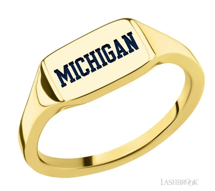 COLLEGIATE COLLECTION U of M Small 10K Yellow Gold Rectangular Signet Ring with Blue Accent