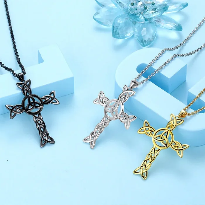 Collier avec n?ud celtique pour homme et femme, pendentif en forme de croix, bijoux en argent sterling