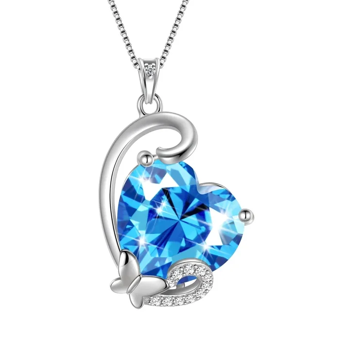 Collier avec pendentif papillon et cœur en aigue-marine bleue, pierre de naissance de mars, en argent sterling 925. Cadeau idéal pour une femme, une mère, un anniversaire ou la Saint-Valentin.