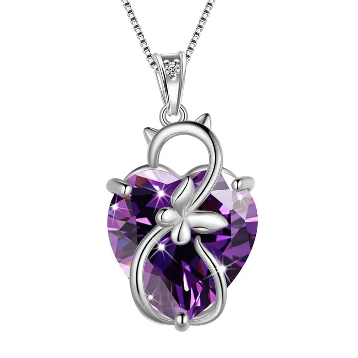 Collier chat femme 15 mm, pendentif cœur en argent sterling 925, améthyste violette, pierre de naissance de février, bijou papillon, cadeau de Saint-Valentin pour les amoureuses des chats