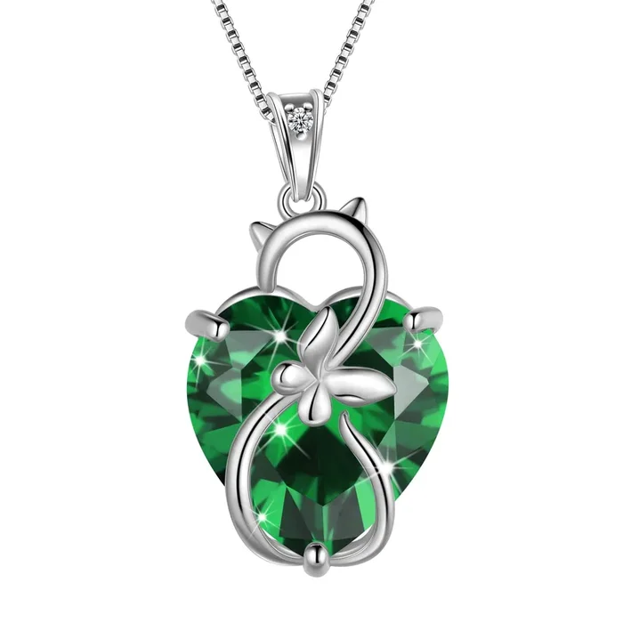 Collier chat femme 15 mm, pendentif cœur en argent sterling 925, émeraude verte, émeraude, bijou papillon, pierre de naissance de mai, cadeau pour maman, anniversaire ou fête des mères
