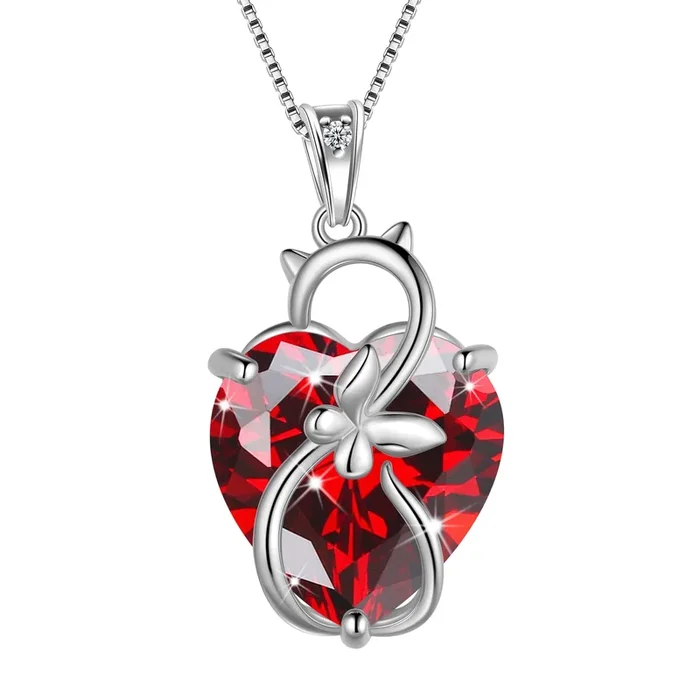 Collier chat femme 15 mm, pendentif cœur en argent sterling 925, grenat rouge et papillon, pierre de naissance janvier. Bijou idéal pour un anniversaire ou la Saint-Valentin.