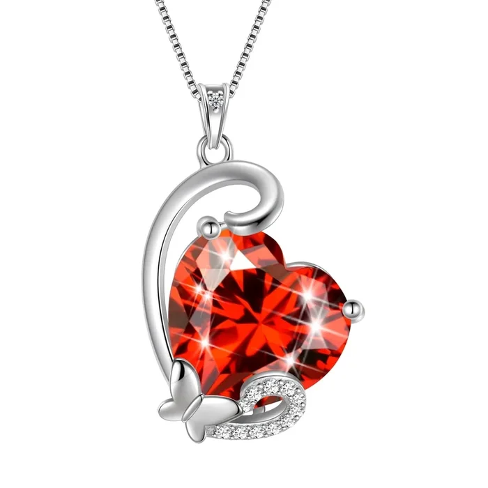 Collier cœur avec pendentif papillon en grenat rouge, pierre de naissance de janvier, argent sterling 925. Bijou idéal pour une mère, une femme, un anniversaire, Noël ou la Saint-Valentin.
