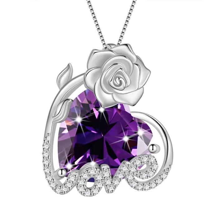 Collier Cœur Rose 15 mm pour femme, pierre de naissance de février, argent sterling 925, pendentif amour en améthyste violette, bijou, cadeau de Saint-Valentin pour maman, épouse ou petite amie