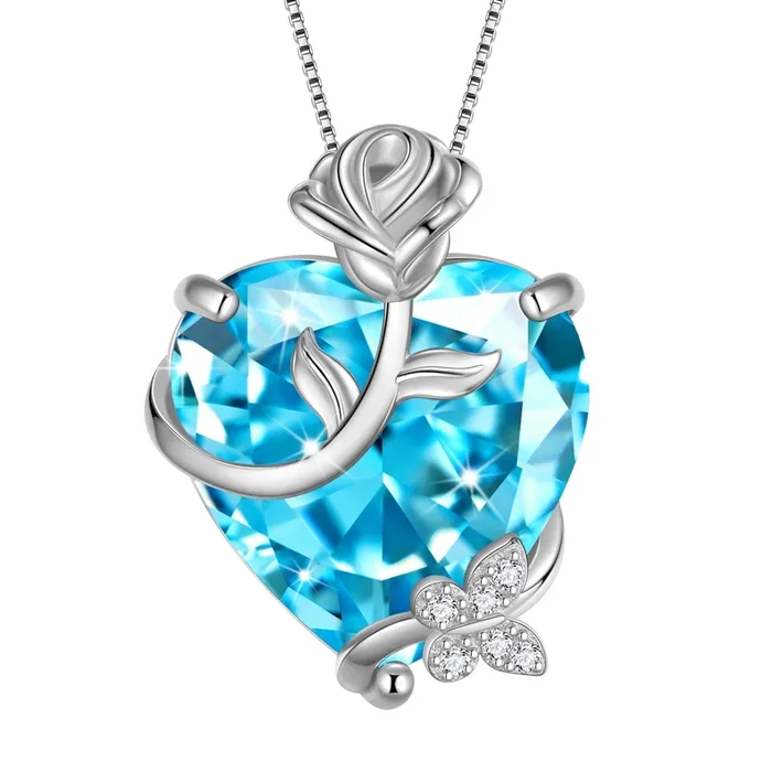 Collier Cœur Rose Femme 15 mm, Pierre de Naissance de Mars, Argent Sterling 925, Pendentif Papillon et Fleur, Bijou Aigue-Marine Bleue, Cadeau d’Anniversaire ou de Saint-Valentin pour Maman