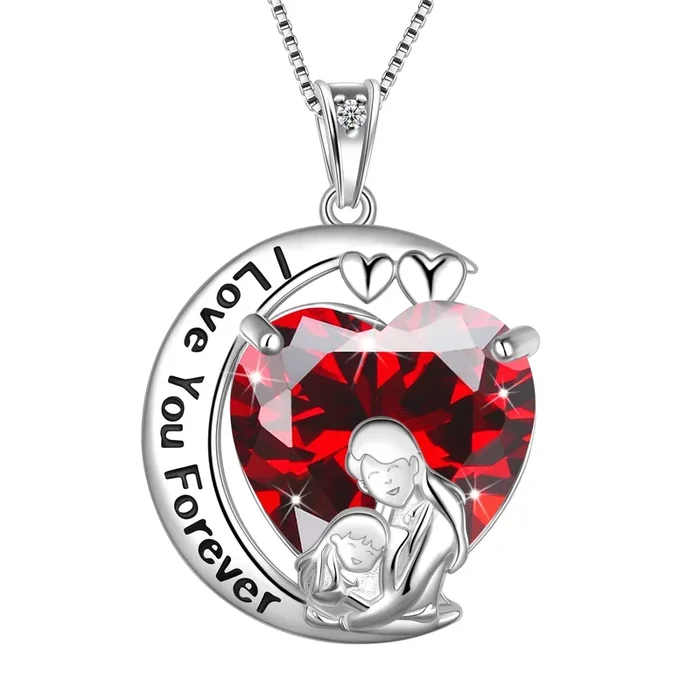 Collier Lune Amour Cœur Mère Fille Argent Sterling 925 Pendentif Grenat Pierre de Naissance Janvier Bijou Femme Anniversaire Noël Fête des Mères