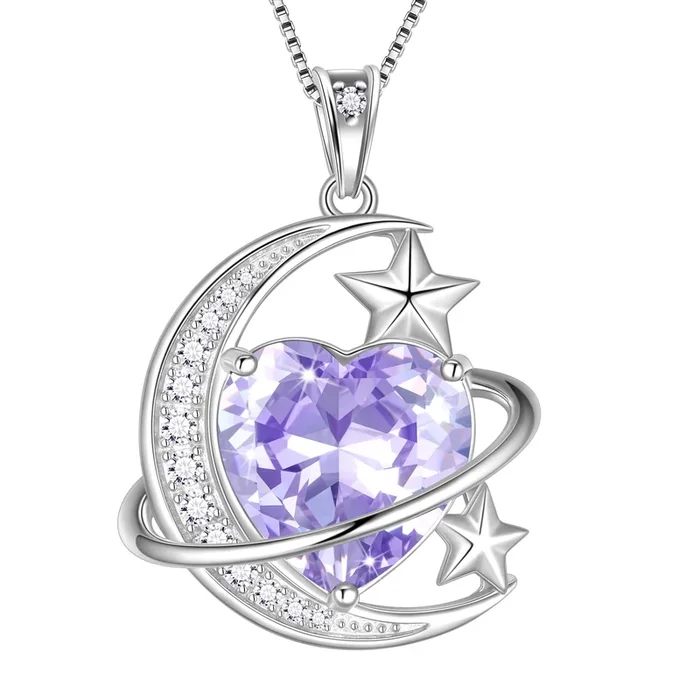 Collier Lune et Étoile 13 mm pour femme, pendentif cœur en alexandrite violette, pierre de naissance de juin, argent sterling 925, bijou céleste, cadeau idéal pour Noël, un anniversaire ou la Saint-Valentin pour elle/épouse/maman