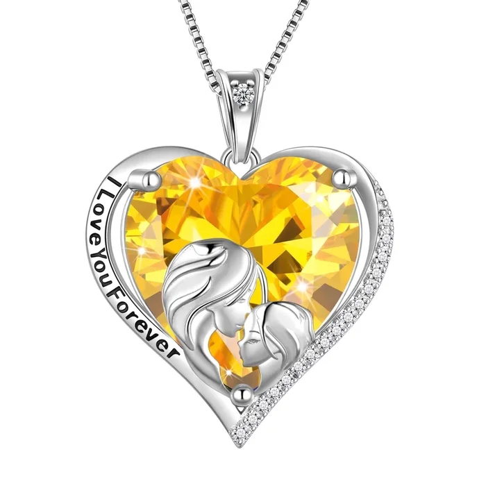 Collier Mère et Fille en Argent Sterling 925 avec Pendentif Cœur en Citrine Jaune et Pierre de Naissance-Bijou-Cadeau pour un anniversaire, Noël ou la Fête des Mères (novembre)