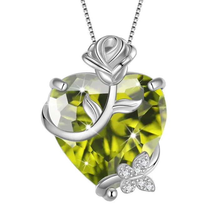 Collier pour femme 15 mm en forme de cœur et rose, pierre de naissance d’août, argent sterling 925, pendentif papillon et fleur en péridot vert. Bijou idéal pour Noël, un anniversaire ou la fête des mères.