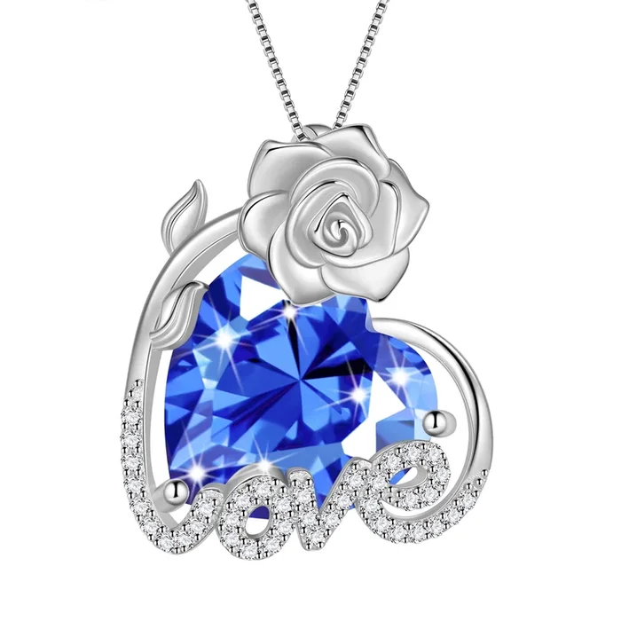 Collier pour femme en forme de cœur rose 15 mm, pierre de naissance de décembre, argent sterling 925, pendentif fleur d’amour en tanzanite, bijou cadeau pour la mère, Noël, un anniversaire ou la Saint-Valentin