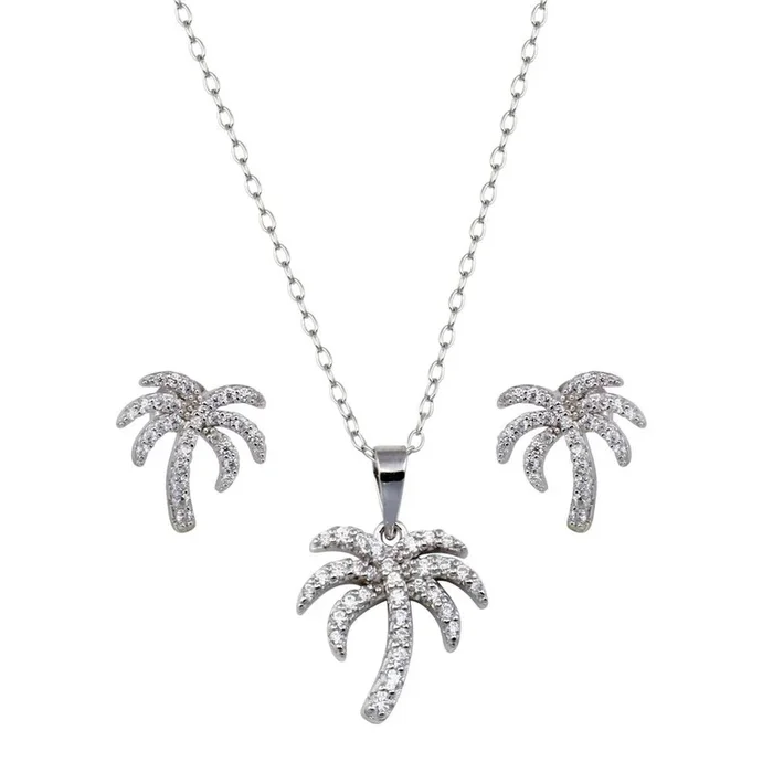 Conjunto de aretes y colgante de plata de ley 925 rodiada con circonitas cúbicas y palmera – BGS00615