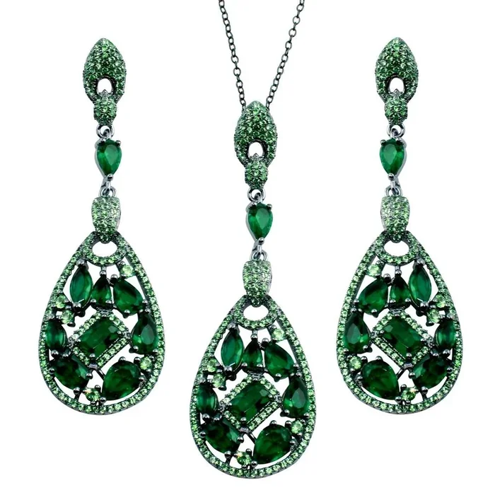 Conjunto de collar y pendientes colgantes de lágrima con circonita verde en plata de ley 925 rodiada – BGS00567GRN