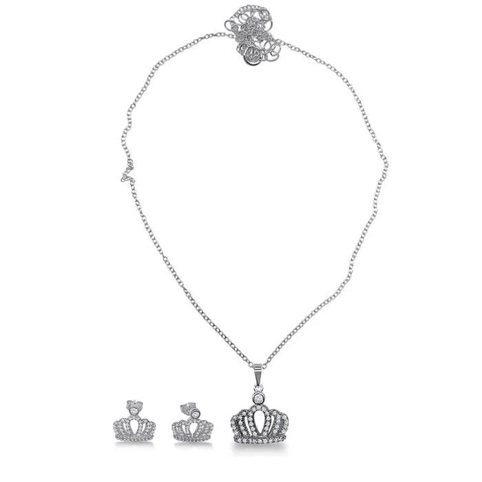 Conjunto de collar y pendientes de corona de plata de ley 925 rodiada con circonitas – BGS00533