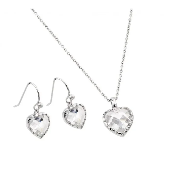 Conjunto de corazón de circonitas cúbicas talladas a mano en plata 925 rodiada – STS00502