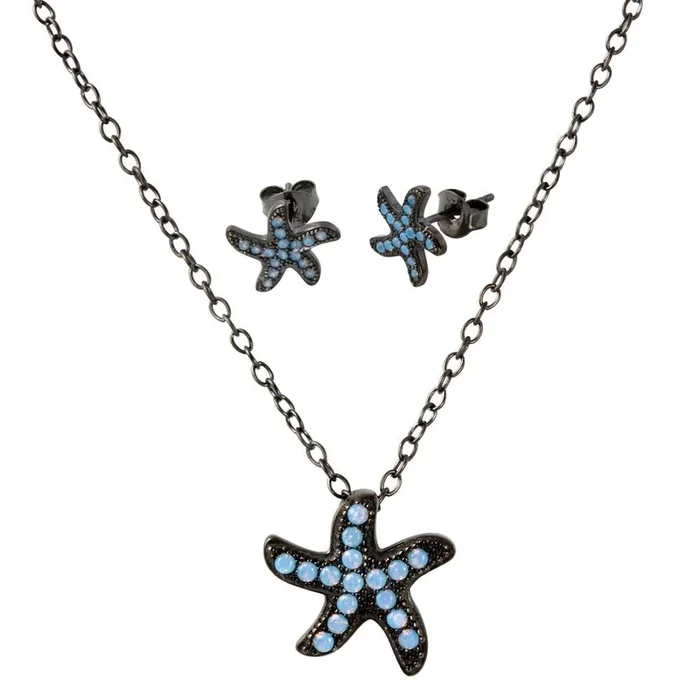 Conjunto de estrella de mar con ópalo azul claro en plata de ley 925 con baño de rodio negro – BGS00516
