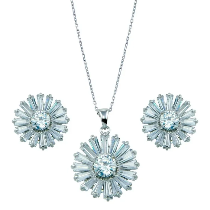 Conjunto de flor baguette de circonitas cúbicas transparentes en plata de ley 925 rodiada – BGS00140