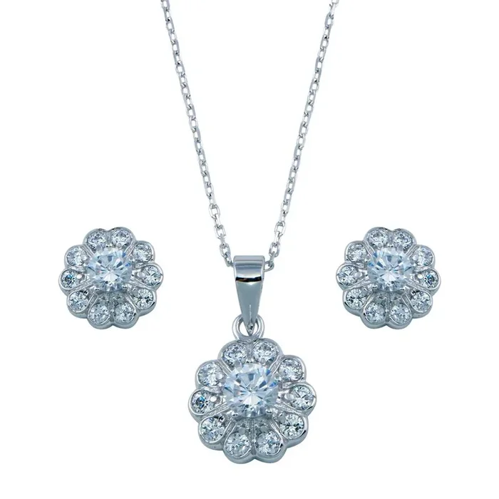 Conjunto de flor de circonita cúbica transparente en plata de ley 925 rodiada – BGS00027