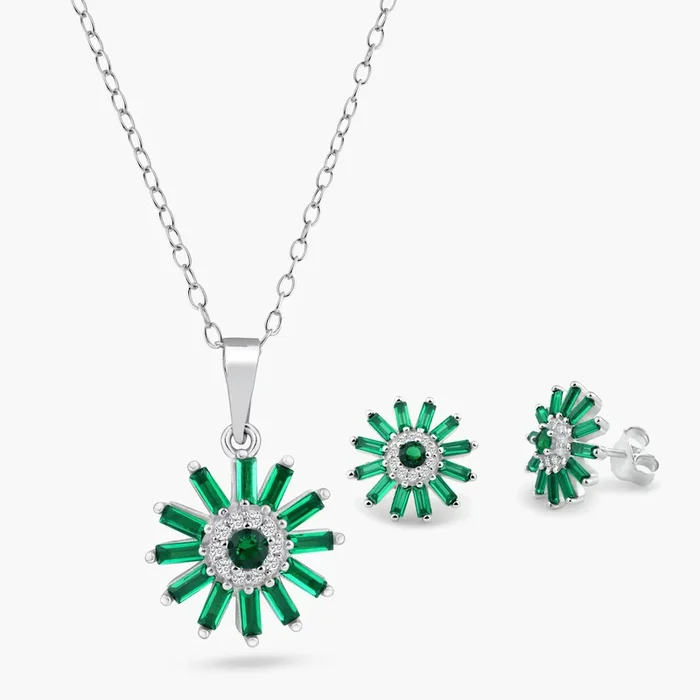 Conjunto de girasoles con circonitas verdes en plata de ley 925 rodiada – BGS00622GRN