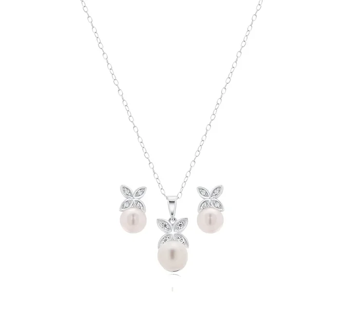Conjunto de mariposa con perla colgante de circonita cúbica transparente en plata de ley 925 rodiada – BGS00319
