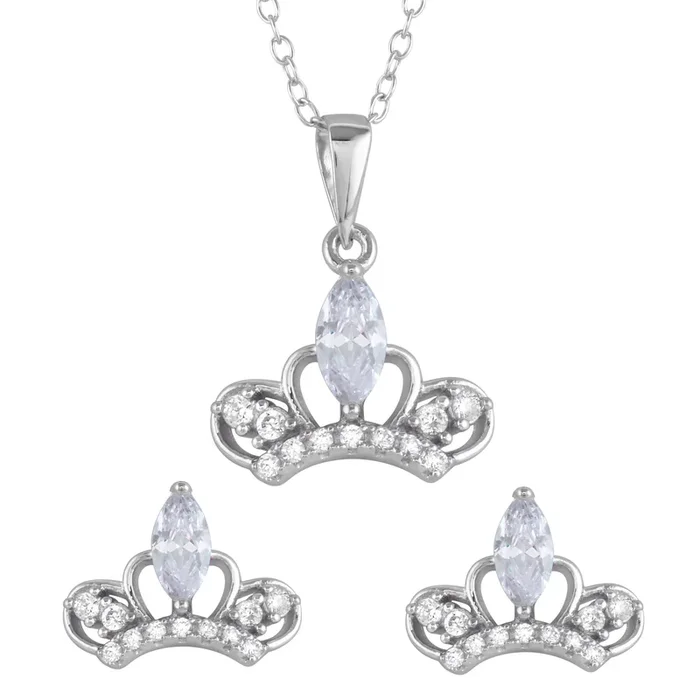Conjunto de pendientes y collar con corona de circonitas transparentes en plata de ley 925 rodiada – BGS00537