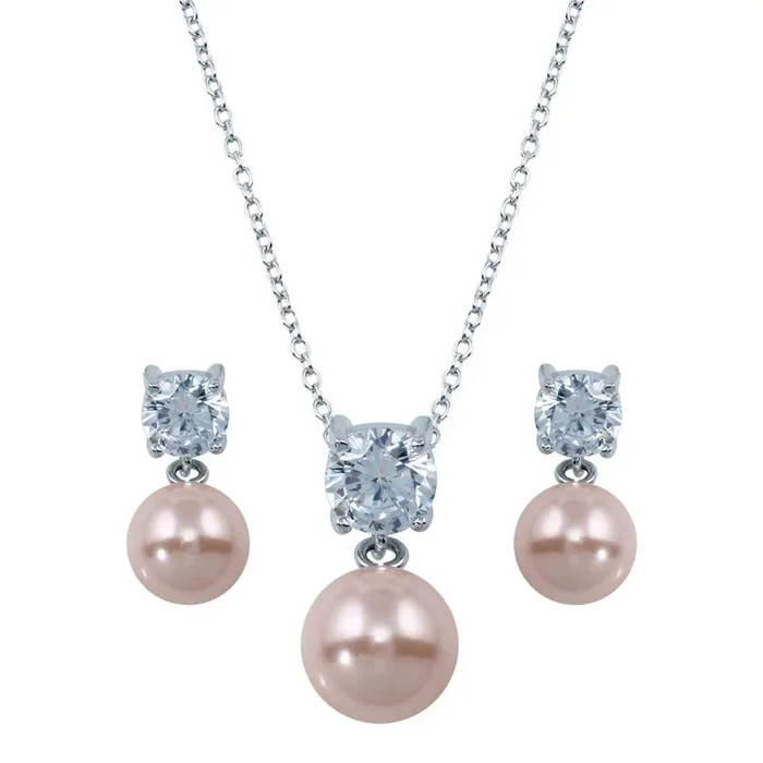 Conjunto de pendientes y collar con perla rosa en plata de ley 925 rodiada – STS00427