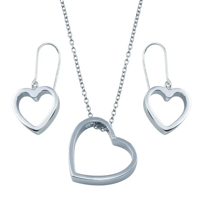 Conjunto de pendientes y collar de gancho con forma de corazón abierto en plata de ley 925 rodiada – BGS00035