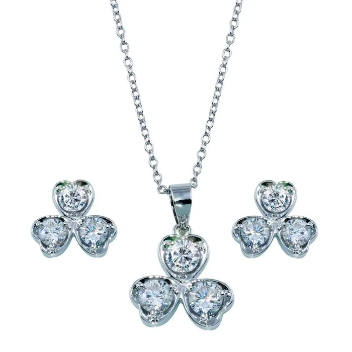 Conjunto de trébol transparente con circonitas cúbicas en plata de ley 925 rodiada – BGS00104