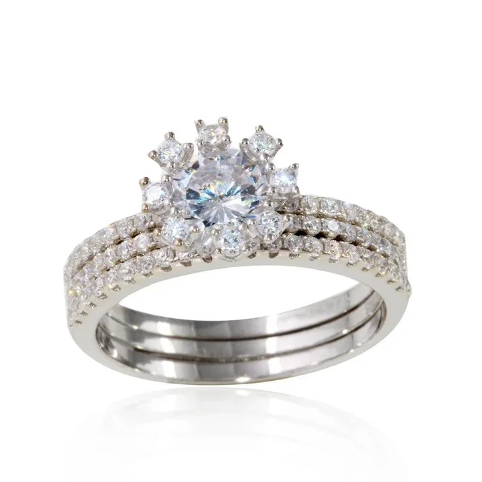 Conjunto nupcial ajustable de dos piezas con circonitas cúbicas micropavé en plata de ley 925 rodiada – STR01066