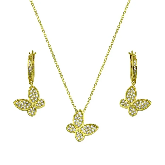 Conjuntos de mariposas con circonitas cúbicas en plata de ley 925 bañadas en oro – STS00546