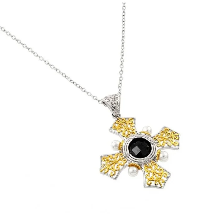 Cruz de caja chapada en oro y rodio de plata 925 con collar con colgante de piedra CZ negra – BGP00897