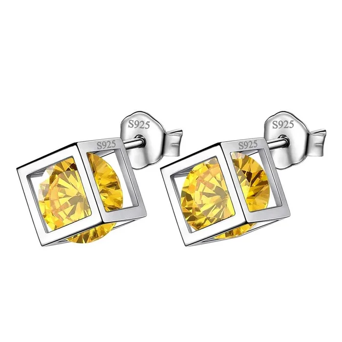Cubo 3D Birthstone Novembre Citrino Orecchini Stud Donne Ragazze Gioielli Regalo di compleanno Argento sterling