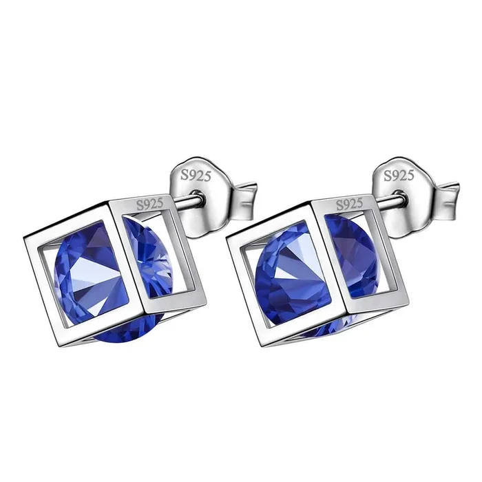 Cubo 3D Birthstone Settembre Zaffiro Orecchini Stud Donna Ragazza Gioielli Regalo di compleanno Argento sterling