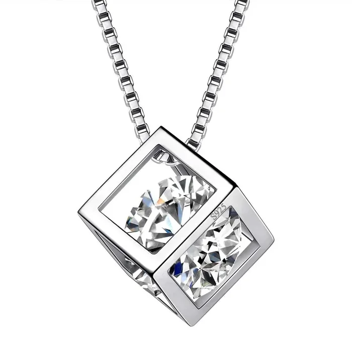 Cubo 3D Pietra portafortuna aprile Collana con diamanti Ciondolo Donna Ragazza Gioielli Regalo di compleanno Argento sterling