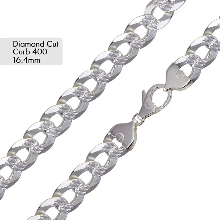 Curb 400 1 Side Diamond Cut 1 Side Plain Chain or Bracelet 16.4mm – CH635A