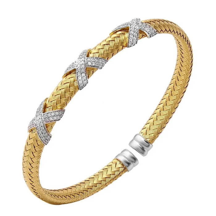 CZ Gold-Plated Silver 6mm Mesh Cuff Bangle