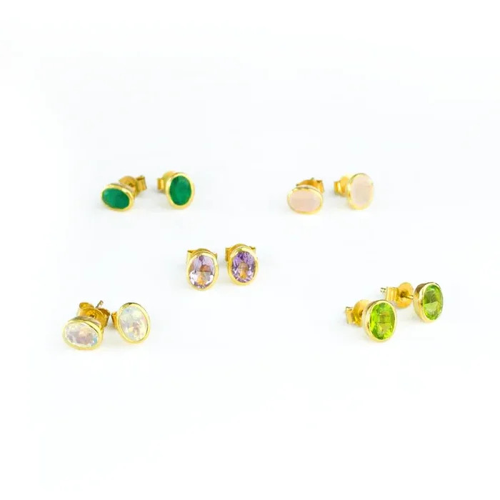 Dainty Birthstone Bezel Set Oval Stud Earrings