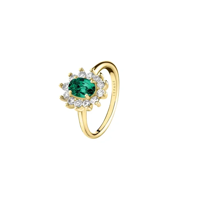 Daisy ring in yellow gold, emerald and diamonds | LEPAGE