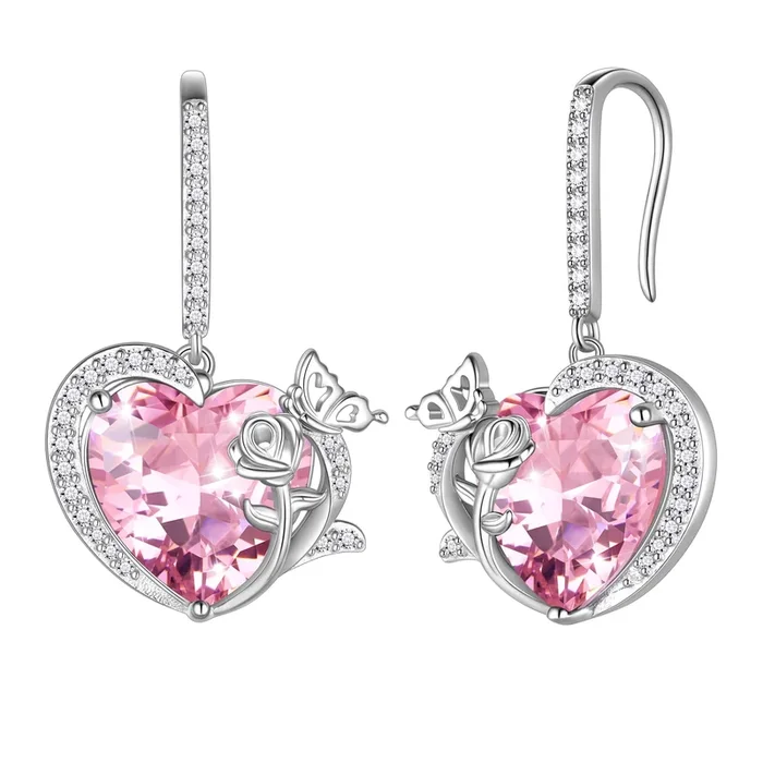 Damen-Ohrhänger mit Geburtsstein Oktober, Herz-Turmalin, rosa Schmetterling und Rose, 925er Sterlingsilber, Haken – das perfekte Geschenk zum Muttertag, Weihnachten oder Valentinstag.
