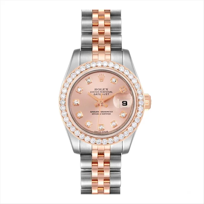Datejust 26 Pink Diamond Dial with Custom 1.00CT VVS/FG Diamond Bezel in 18-Karat Rose Gold and Stainless Steel Jubilee Bracelet