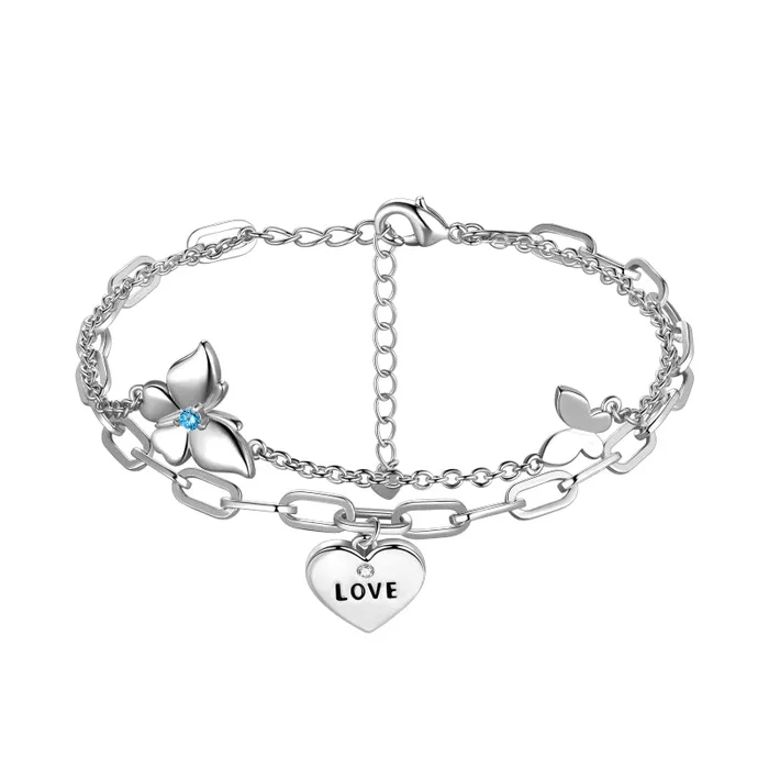 Delicadas pulseras de corazón de amor para mujer, joyería de eslabones, pulsera de mariposa en capas, regalo para niñas.
