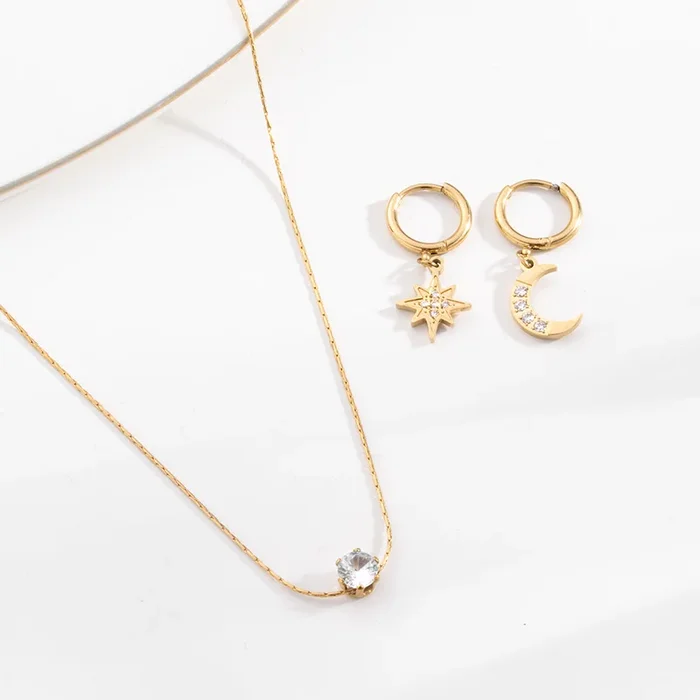 Delicate Diamond Studded Necklace & Studded Star Moon Hoop Earrings Combo Set