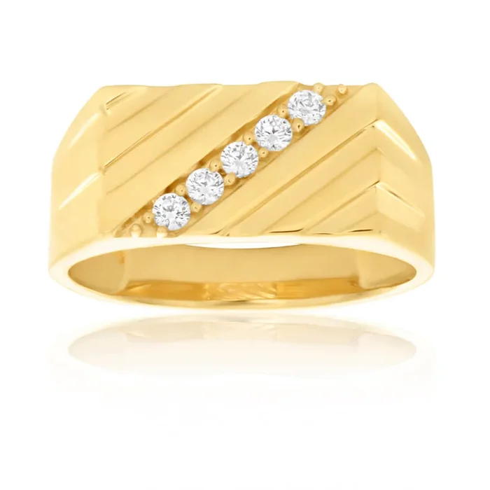 Diagonal Channel Set Zirconia Gents Ring in 9ct Yellow Gold