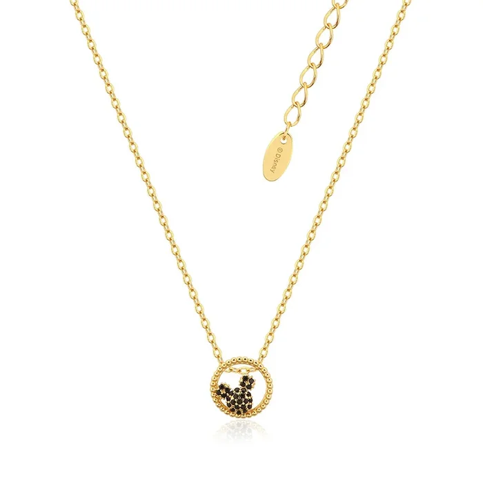 Disney Gold Plated Sterling Silver Mickey Black CZ Medallion Pendant On Chain