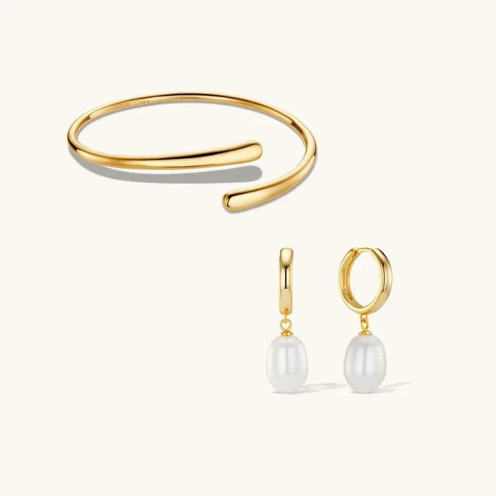 Dome Cuff Bracelet & Aura Pearl Hoop Earrings Matching Set Gold