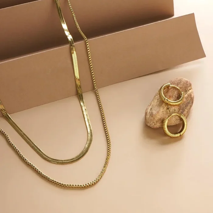 Double Chain Delight Necklace & Classic Textured Hoops Combo Set